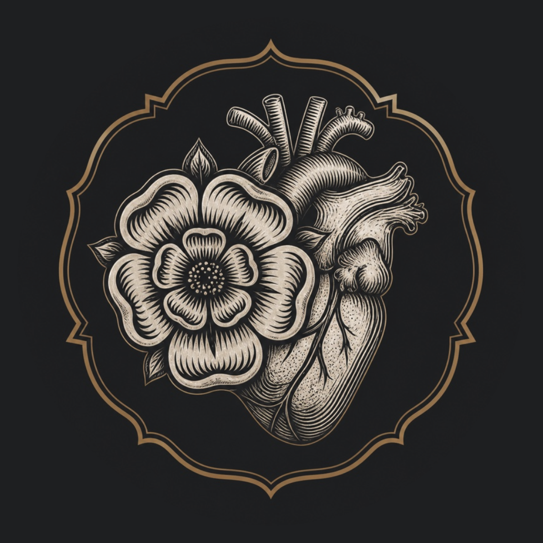Yorkshire Heart rose and anatomical heart coaster design in cream, black and antique gold