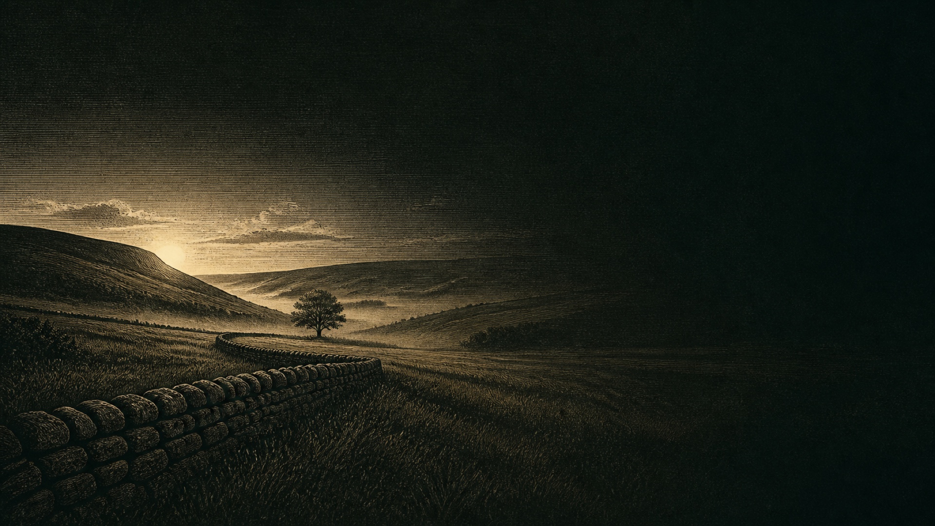 A peaceful engraved Yorkshire Dales landscape at dawn with a winding dry-stone wall and lone tree