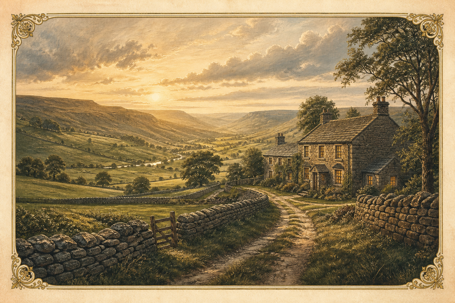 A peaceful engraved Yorkshire dale with dry-stone walls leading to a warmly lit farmhouse