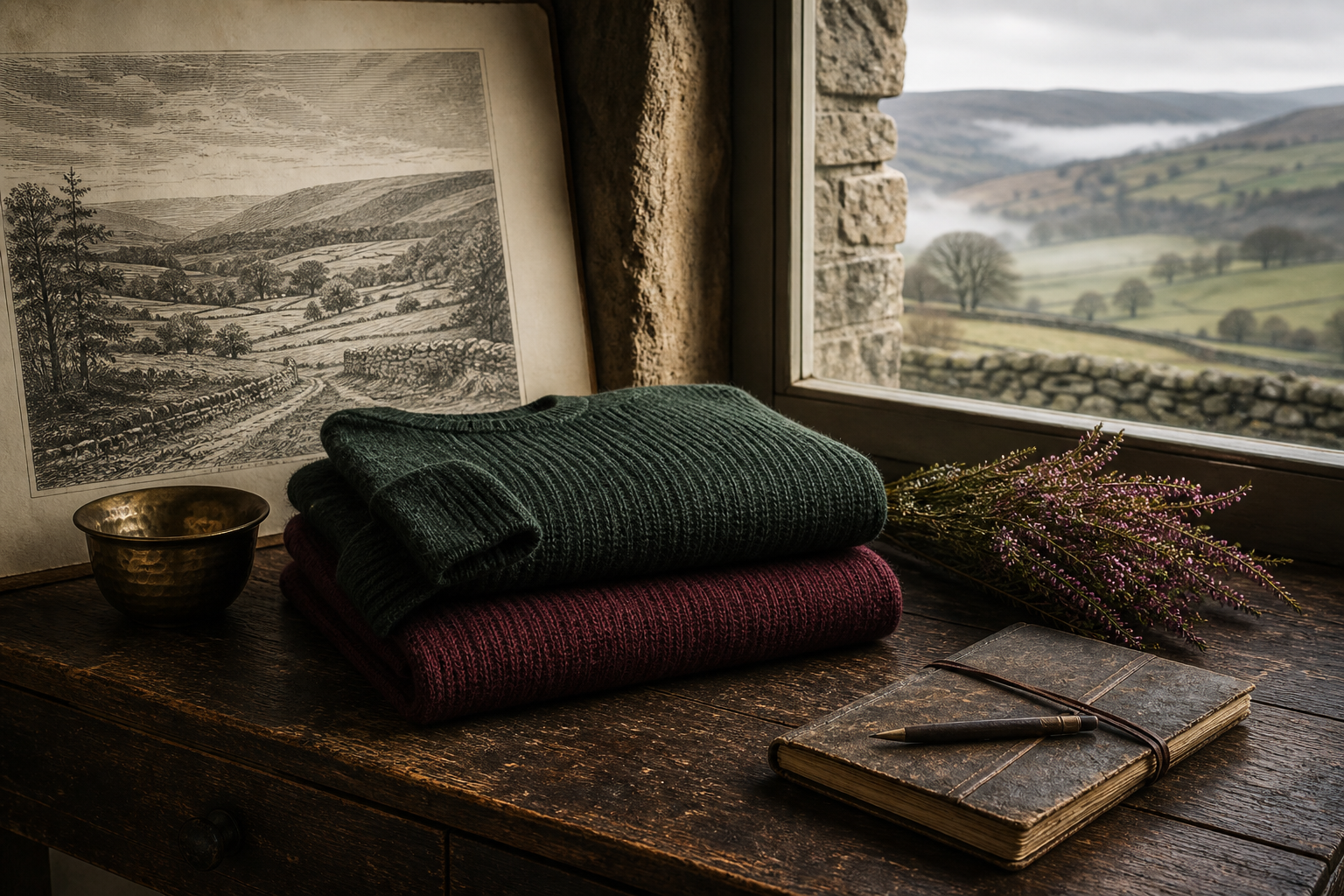 Forest-green and burgundy knitwear on a farmhouse table overlooking a misty Yorkshire dale