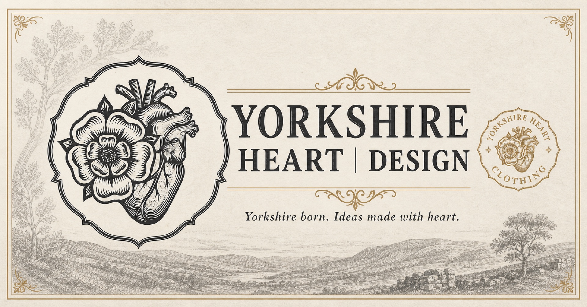 Yorkshire Heart Design — Yorkshire landscape, white rose and anatomical heart brand artwork